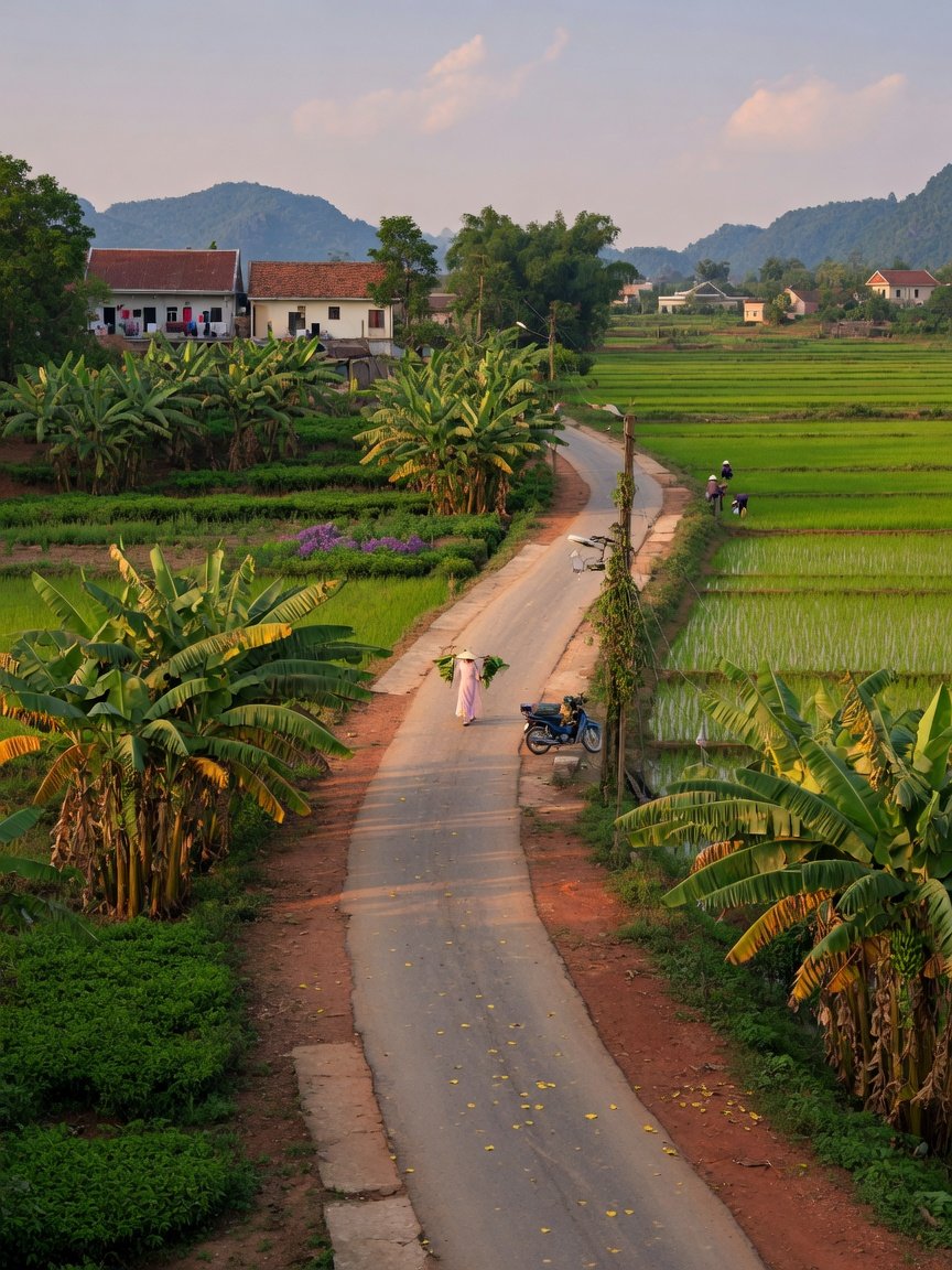Scenic rural road through Northern Vietnam countryside