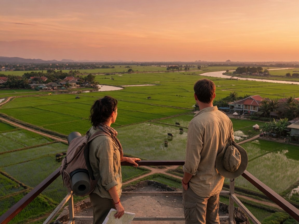Travelers pausing over countryside views at golden hour
