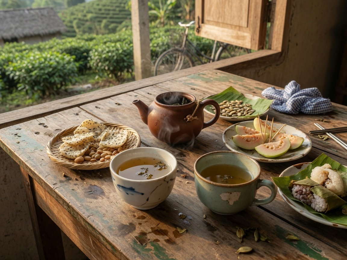 Local tea and countryside snacks on a wooden table
