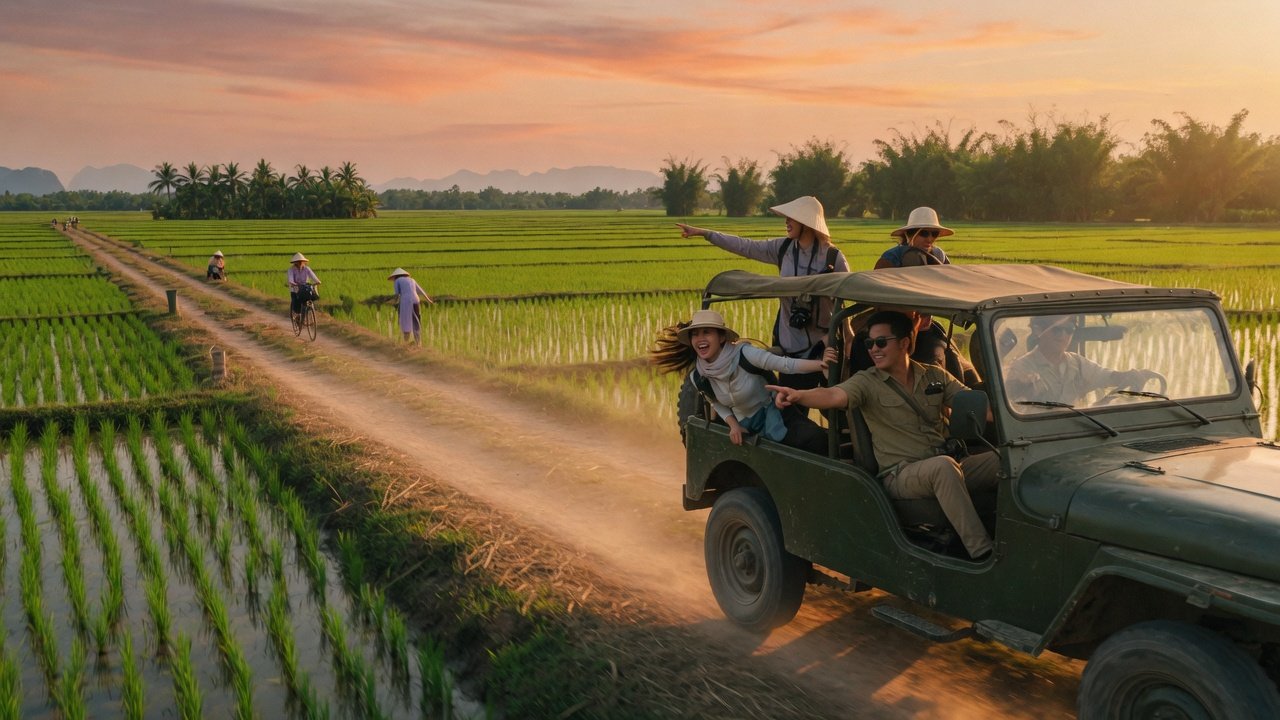 Aerial view over Hanoi countryside rice fields and villages