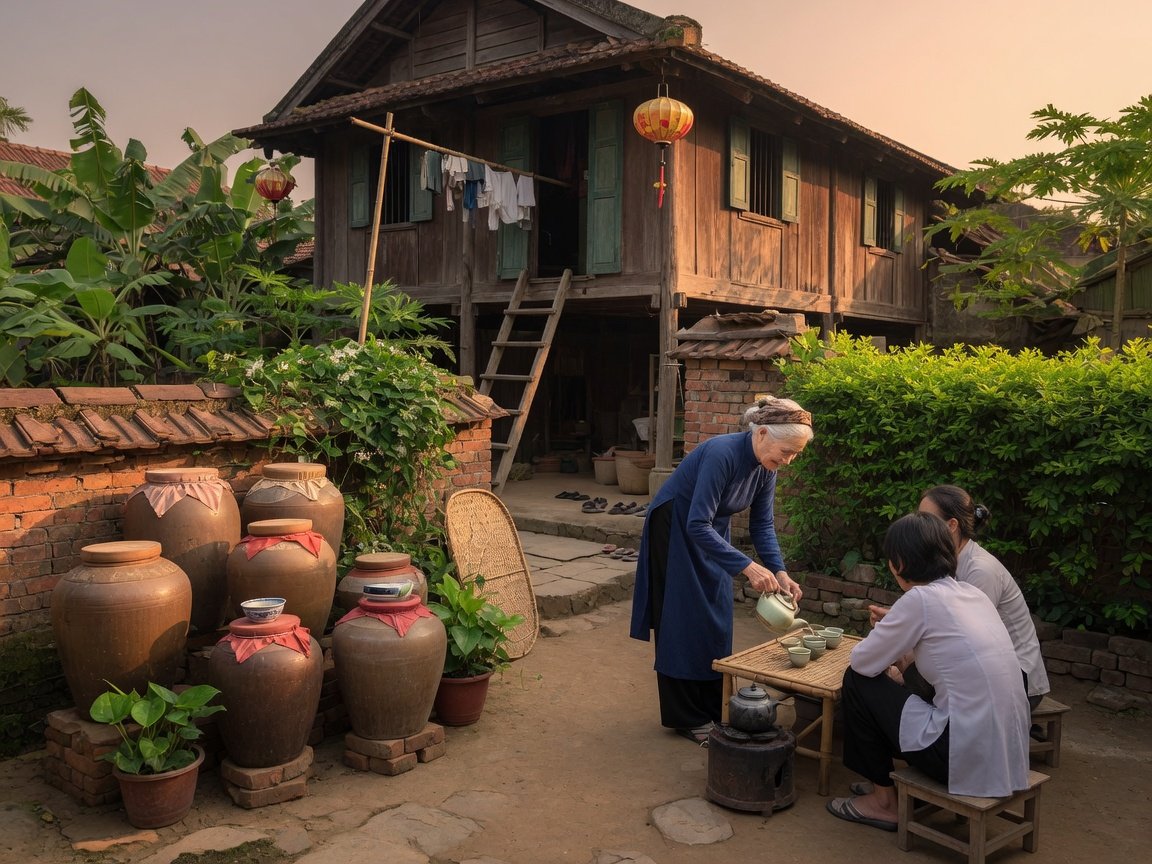 Tea welcome in a traditional courtyard at Le Mat Village